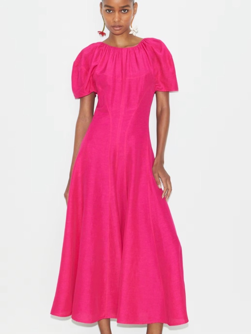 Tory Burch Bold Pink Balloon Sleeve Linen Dress